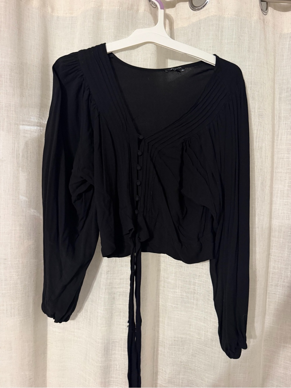 Express Black Long-Sleeve Button-Front Blouse with Tie